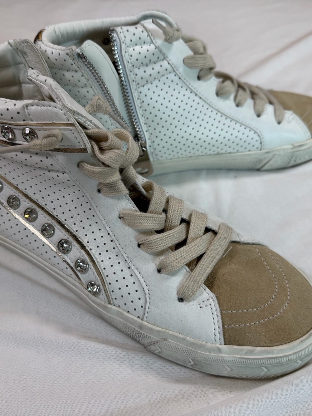 Vintage Havana White and Tan High-Top Sneakers with Crystal Accents